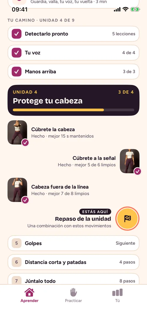 El recorrido de aprendizaje de HeckNo, con unidades terminadas y la unidad actual