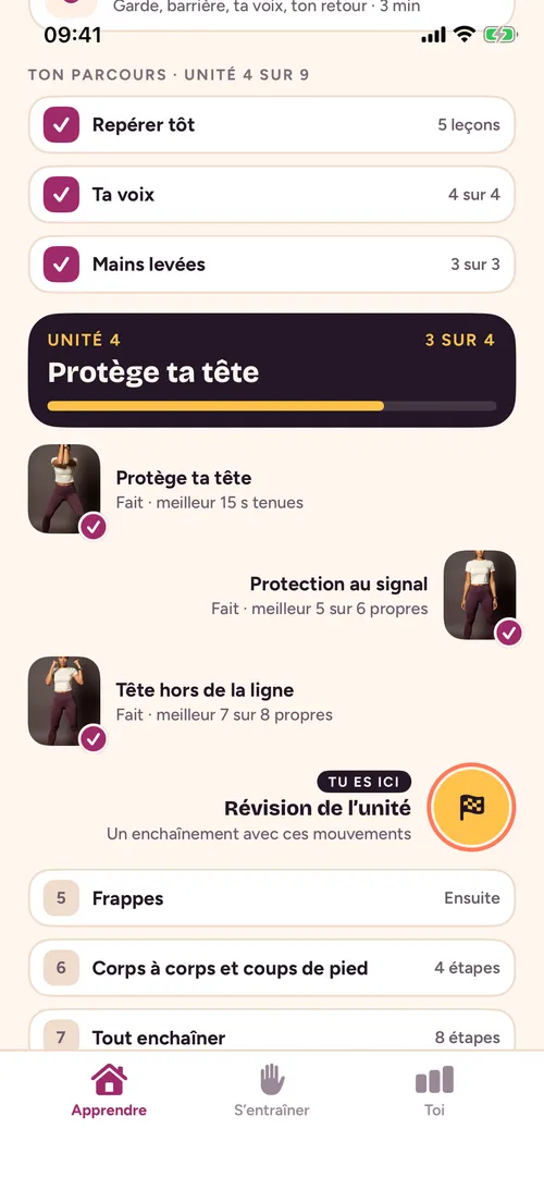 Le parcours d’apprentissage de HeckNo, avec les unités terminées et l’unité en cours